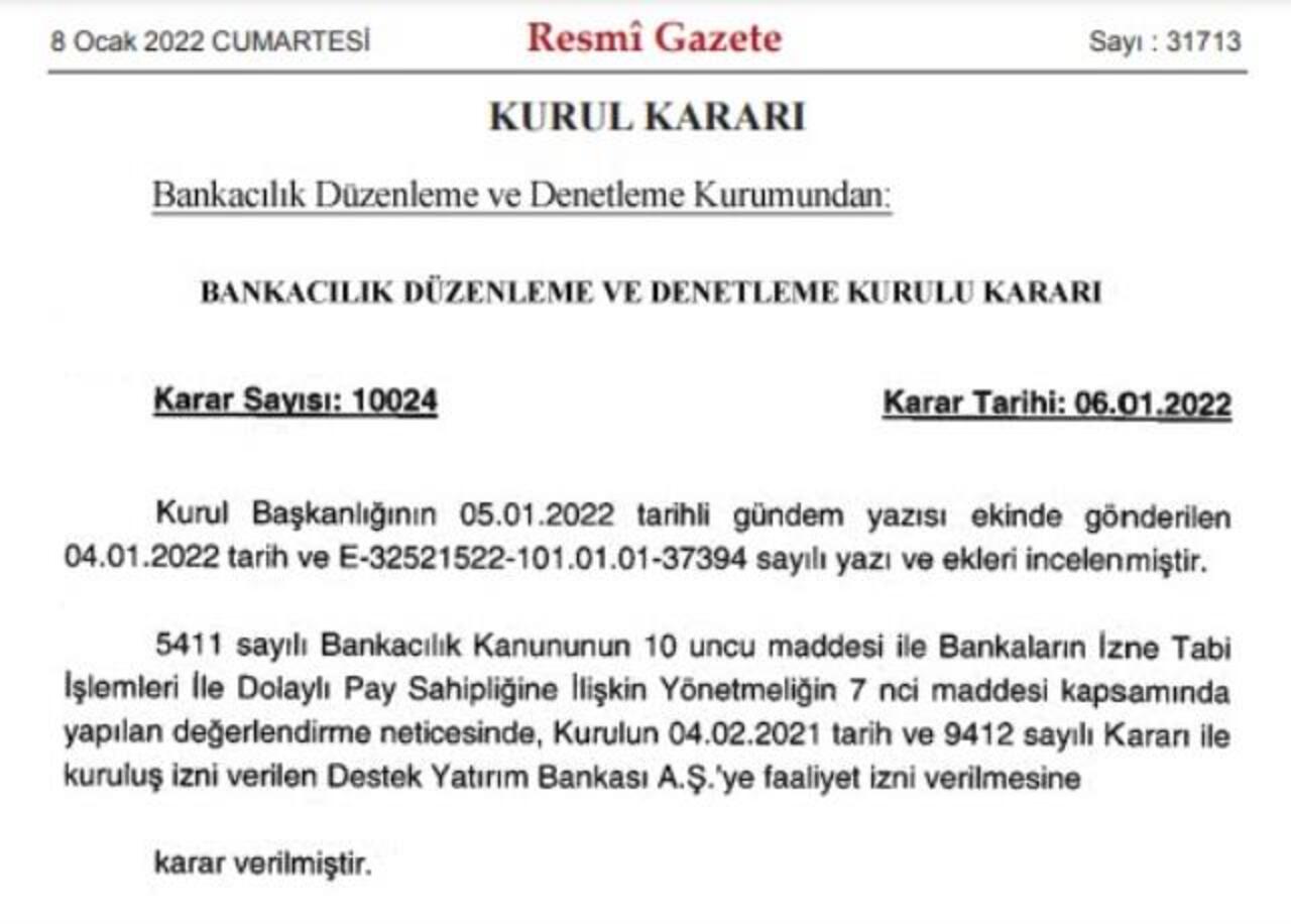 Destek Yatırım Bankası'na resmi olarak faaliyet izni verildi